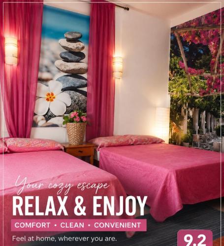 a advertisement for a hotel room with two beds at Santiago Apartment Mallorca in Cala Figuera
