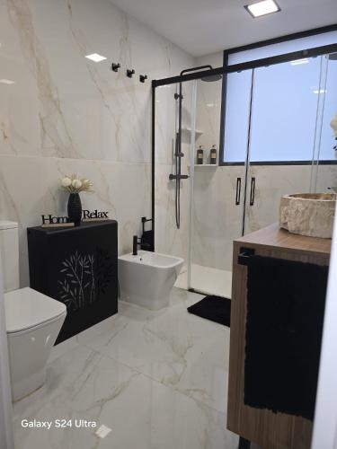 a bathroom with a shower and a toilet and a sink at Villa Flores in Alicante