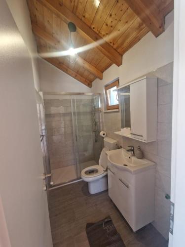 a bathroom with a toilet and a shower and a sink at Robinson Hideaway Korčula in Korčula