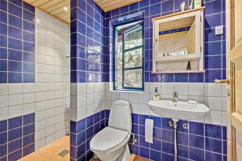 a blue tiled bathroom with a toilet and a sink at 16642-Farevejle-Vindekilde-Strandvej-30 in Fårevejle