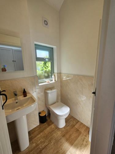 a bathroom with a white toilet and a sink at Yederick Barn in Sawdon