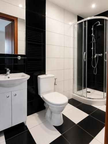 a bathroom with a toilet and a sink and a shower at Villa Jeziorki in Warsaw