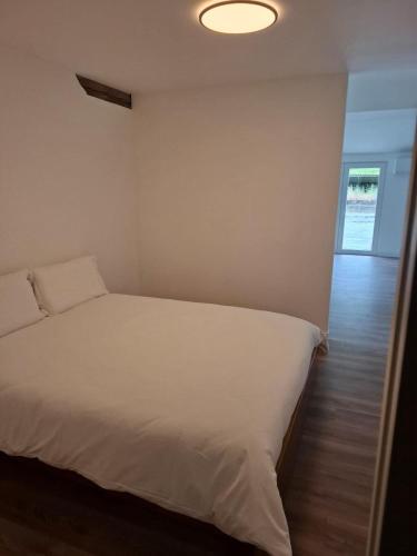 a bedroom with a white bed and a light at Stable for two in Hégenheim