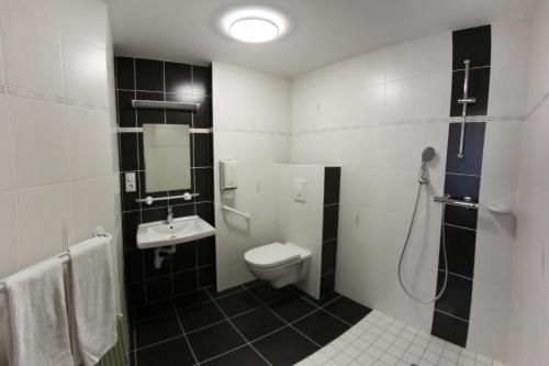 een badkamer met een toilet, een wastafel en een douche bij Hotel De L'Abbaye in Sauxillanges