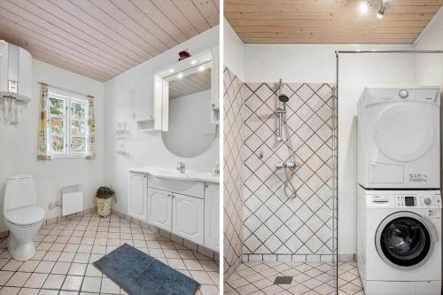 two pictures of a bathroom with a sink and a washing machine at LF16240-Logstor-Mollysvej-10 in Løgstør