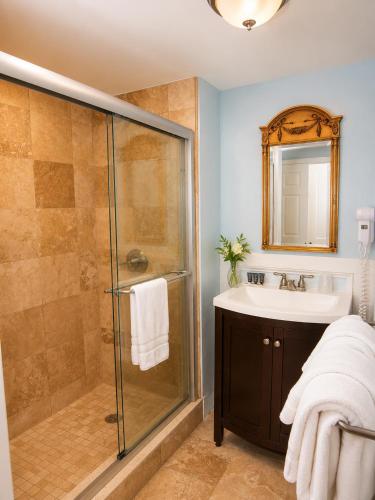a bathroom with a shower and a sink at Bellevue House in Newport