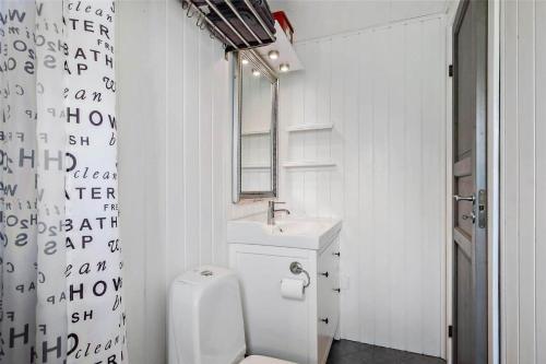 a bathroom with a toilet and a sink and a mirror at LF16103-Farso-Kjeldhoj-103 in Farsø
