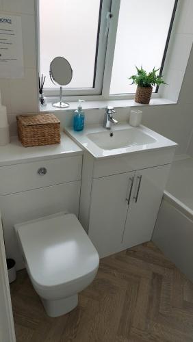 a white bathroom with a toilet and a sink at York city centre No7 Agar Street in York