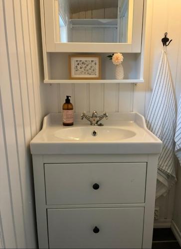 a white sink in a bathroom with a mirror at Tinyhouse surrounding Norwegian mountains in Bergen