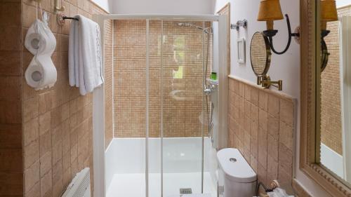 a bathroom with a shower with a toilet and a sink at Casa Piñeiro in Monfero