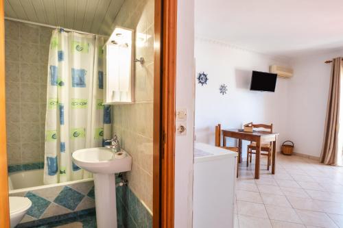 a bathroom with a sink and a toilet and a shower at Giota's Studio in Karpathos