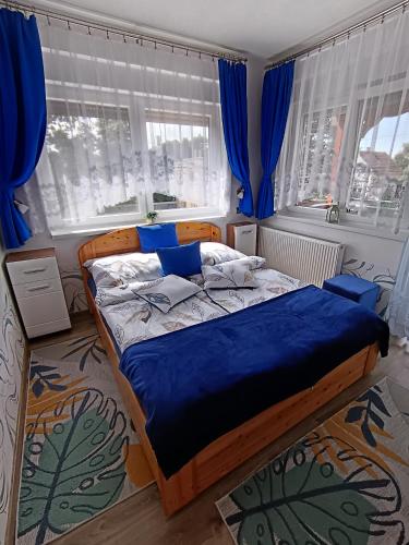 a bedroom with a bed with blue sheets and windows at Riviera Apartman in Hajdúszoboszló