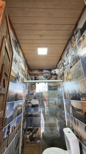 a bathroom with a toilet and a wall with pictures at Cabanha Sítio Gomes in Canoinhas