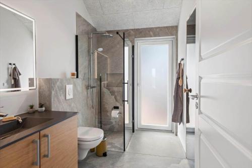 a bathroom with a shower and a toilet and a sink at 391-Harboore-Slettevej-33 in Harboør