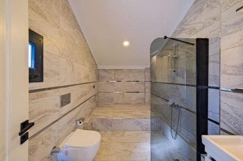a bathroom with a toilet and a shower at Villa Prestige 2 in Fethiye