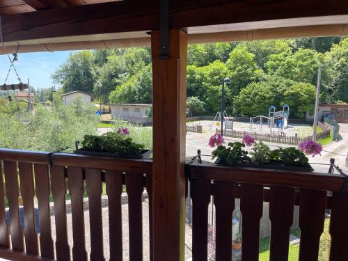 a porch with flowers on the railing with a view of a playground at LI DA BIS Affittacamere in Avasinis