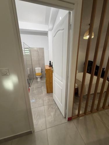 a room with a bathroom with a toilet and a door at Makeda in Chiconi