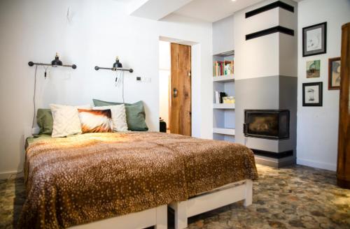a bedroom with a bed and a fireplace at Pod Lwią Górą in Strużnica