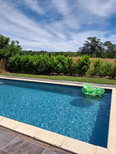 a green toy boat in a swimming pool at Maison des Soupirs in Montpon-Ménestérol