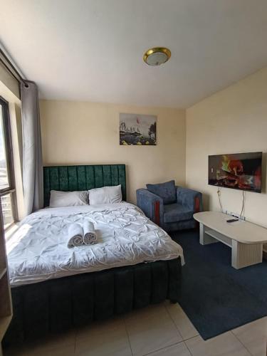 a bedroom with a bed and a couch and a chair at Majestic studio in Rungiri