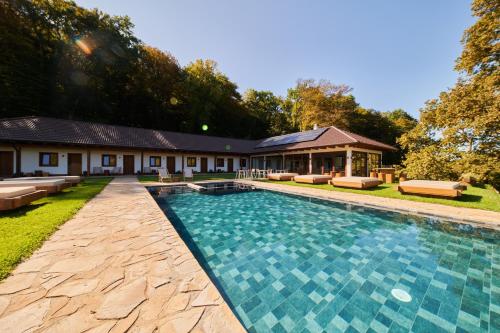 a swimming pool in the yard of a house at Hunter's Mansion - Transylvania in Gorgan