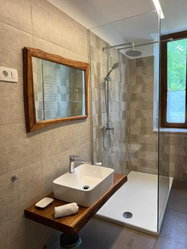 a bathroom with a sink and a shower at Apartment Nona Polda in Kobarid