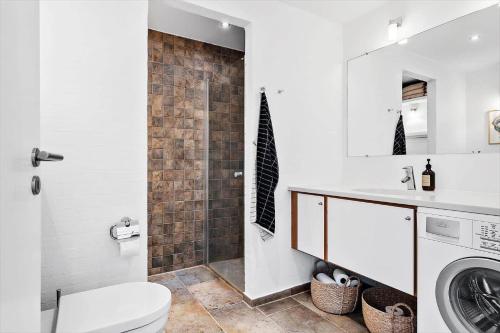 a bathroom with a toilet sink and a washing machine at 1160-Romo-Gulirisvej-160 in Høm