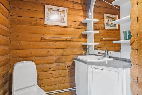 a bathroom with a wooden wall with a sink and a toilet at LF14362-Roslev-Nautrupvej-62 in Roslev
