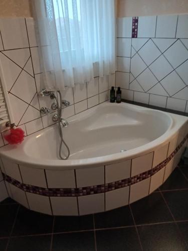 a bath tub with a shower in a bathroom at Popas Făgărășan in Făgăraş