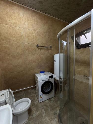 a bathroom with a toilet and a washing machine at Helios racha in Ambrolauri