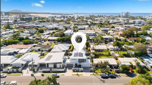 an aerial view of a city with a large building at Luxury Townhouse Maroochydore in Maroochydore