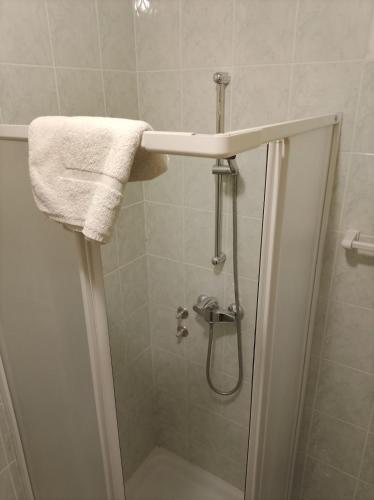 a bathroom with a shower with a sink at Soča Trails Apartment #6 in Log Čezsoški