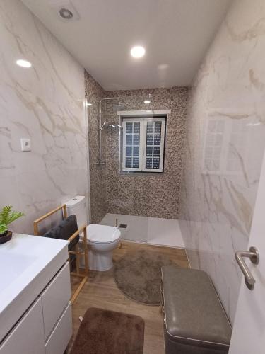 a bathroom with a shower and a toilet and a sink at Os Pimentinhas in Ribeiro