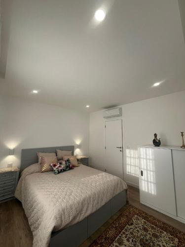 a bedroom with a bed and a white wall at Os Pimentinhas in Ribeiro