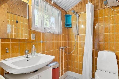a bathroom with a sink and a shower at FJ1200-Jaegerspris-Planetvej-8 in Jægerspris