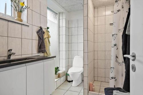 a white bathroom with a toilet and a shower at LF12715-Vinderup-Vibevej-15 in Ejsingholm