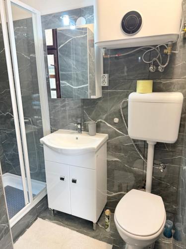 a bathroom with a toilet and a sink at Beni Apartman in Szeged