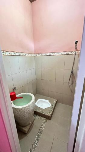a bathroom with a toilet and a sink at Thian Homestay in Batukaras