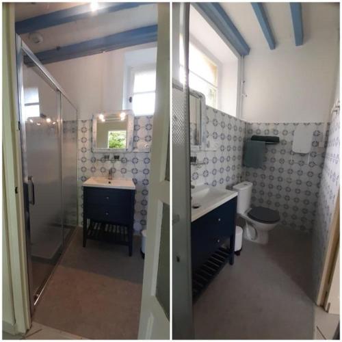 two pictures of a bathroom with a sink and a toilet at Le gîte du château in Monget