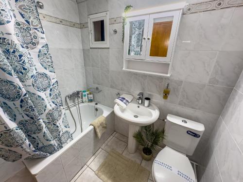 a bathroom with a sink and a toilet and a bath tub at 4 seasons home Ofrinio in Ofrínion