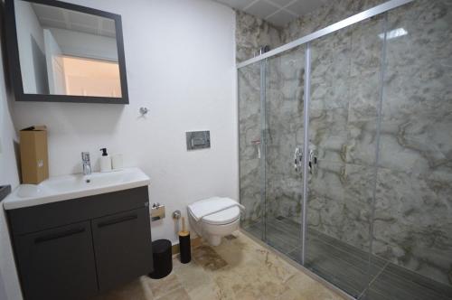 a bathroom with a shower and a toilet and a sink at Villa Nature in Kırıkyayla
