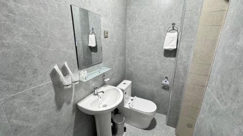 a bathroom with a sink and a toilet and a mirror at Humor Hotel in Tashkent