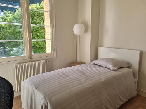 a bedroom with a bed in front of a window at Chambre proche du Polygone scientifique - EdF - Schneider - GEM in Saint-Martin-le-Vinoux