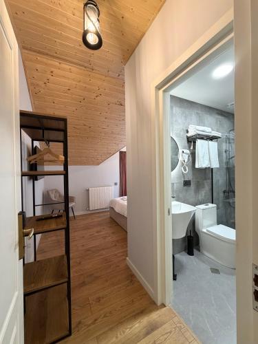 a bathroom with a tub and a toilet and a sink at Oli Home in Kazbegi