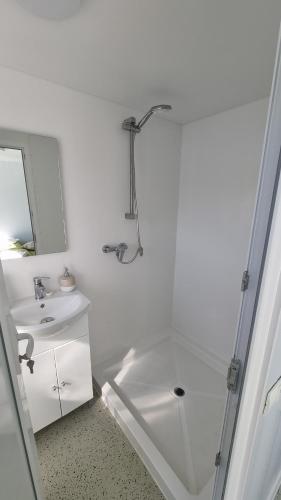 a white bathroom with a shower and a sink at Baraj Izvorul Muntelui Bibanu in Bicaz
