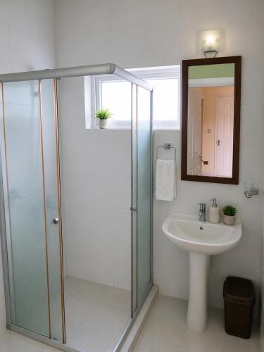 a bathroom with a glass shower and a sink at ARIEL BEACH VILLA* in Grand-Baie