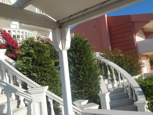a white staircase leading to a house with christmas trees at Peggy's Villa-House with private pool 25' from Athens Intl Airport in Drafí