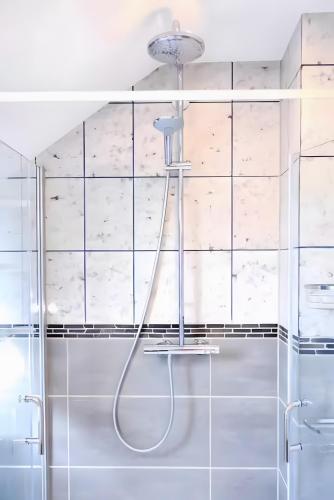 a shower with a shower head in a bathroom at Ferien- Monteurwohnung in Zülpich in Zülpich