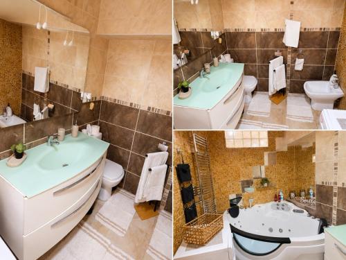 a bathroom with two sinks a toilet and a bath tub at Bella Casa Apartments in Făgăraş