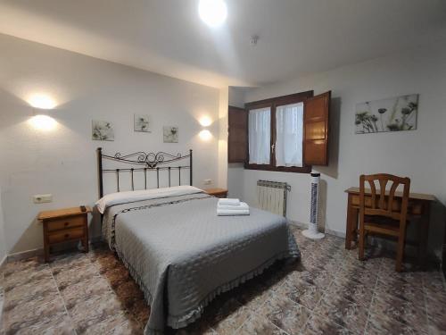 a bedroom with a bed and a desk and a chair at Hostal La Alberca in La Alberca